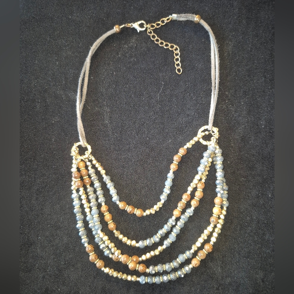 13-JJ Beaded Necklace Blue Rust Gold Tone Sparkly Earthy Tones Shorter Length